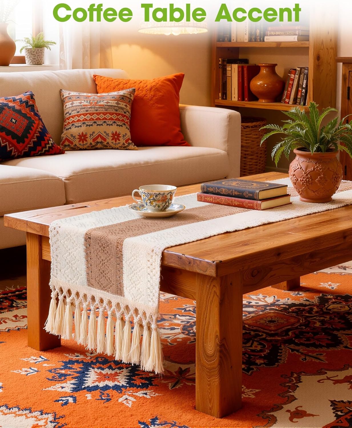 72 Inches, 12 72 Inch, Pureegg Farmhouse Boho Table Runner - Linen-Textured Woven Tassel Design for Dining Table Decor