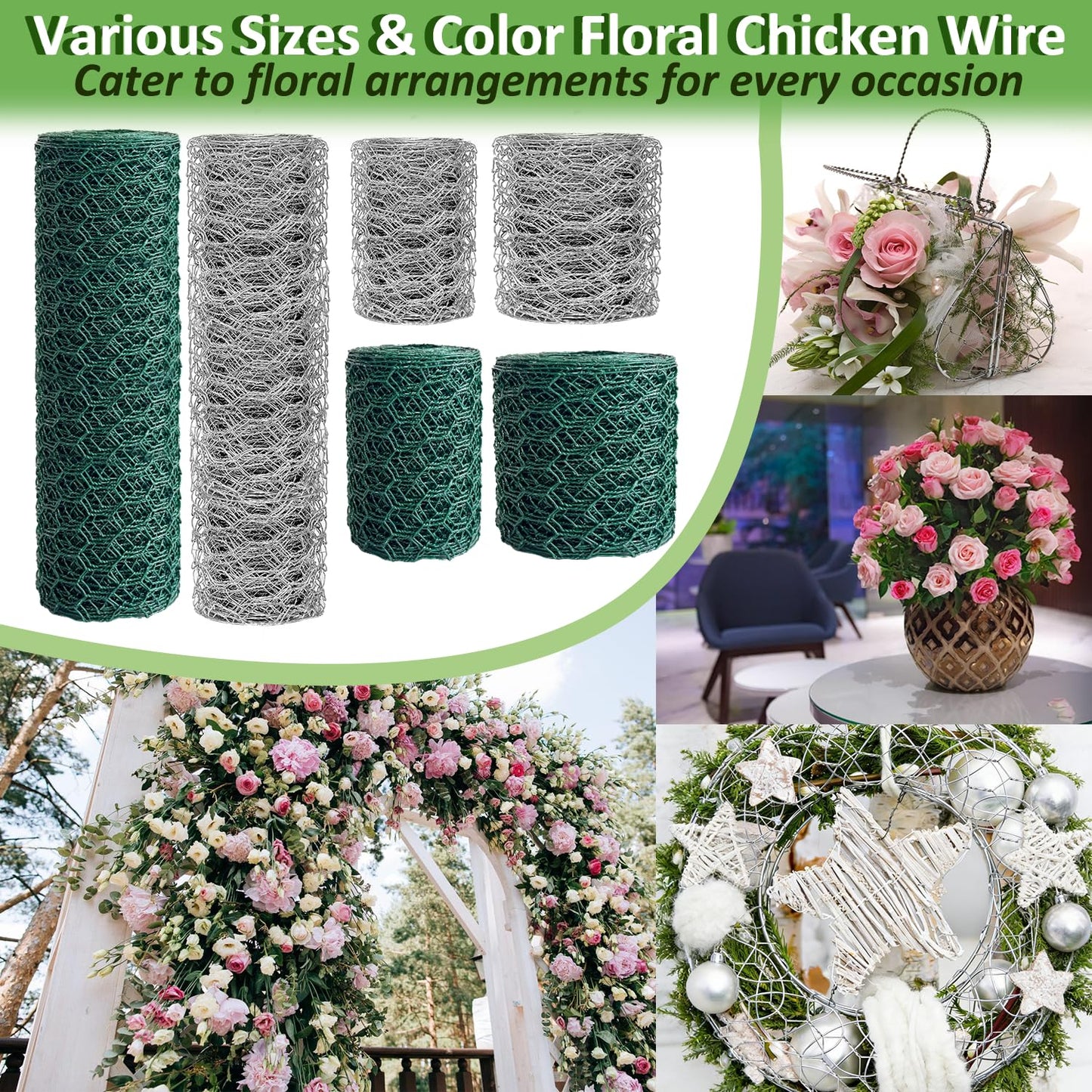 Floral Chicken Wire for Craft Kit, 4" x 396" Lightweight Chicken Wire for Floral Arrangement, Hexagonal Galvanized Chicken Wire Netting with Floral Tape, Plier, Tie, Gloves(Silver,4" x 396")