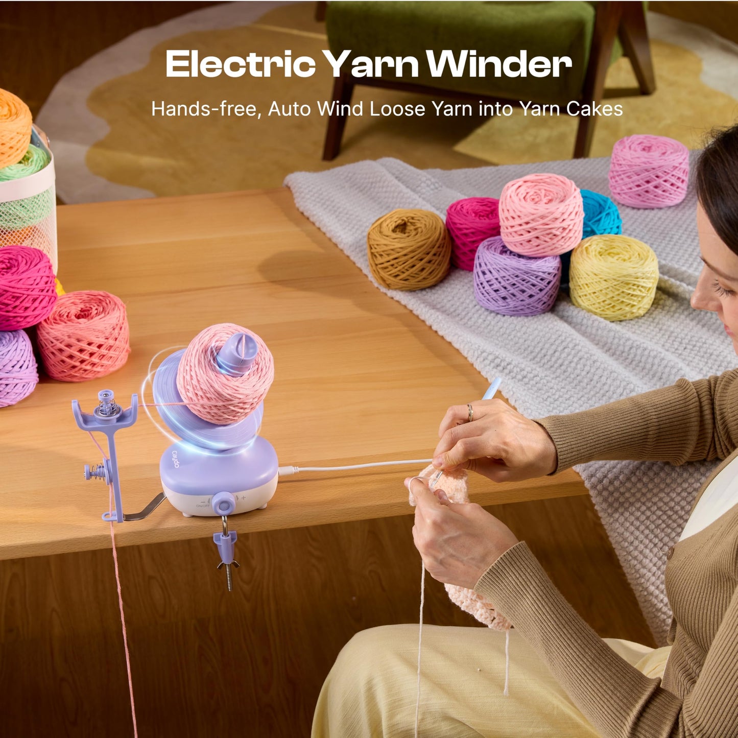 Caydo Electric Yarn Winder, Automatic Yarn Cake Winder with Dual Tension Spring Stepless Speed, Compact 7oz Portable Yarn Winder for Crocheting, Ideal Gift for Crochet & Knitting Lovers(Light Purple)