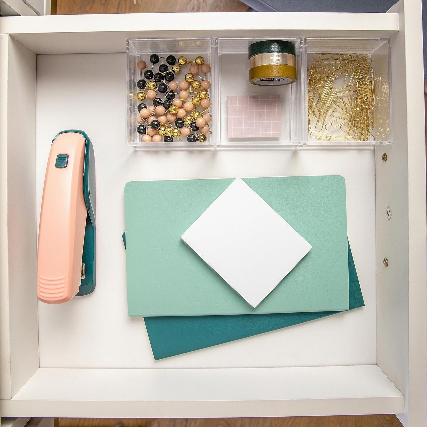 Martha Stewart Brody Plastic Storage Organizer Bins with Engineered Wood Lid, 3 Pack Small (3.75" x 3", Clear/White)