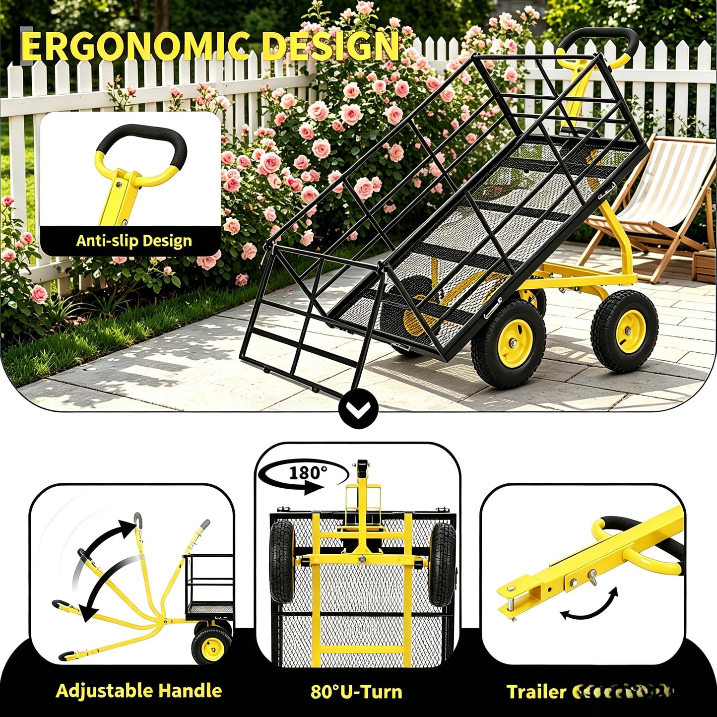 1500Lbs Steel Mesh Garden Cart, Heavy-Duty Utility Wagon with Removable Sides, Outdoor Wagon with Rubber Tire and Handle for Gardening Soil, Tools and Plant Transport(Green)