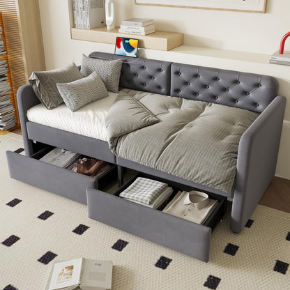 KEIKI Twin Upholstered Daybed with 2 Storage Drawers & USB Charging, Plush Velvet Button-Tufted Headboard, Sofa Bed for Living Room or Bedroom, No Box Spring Needed, Gray