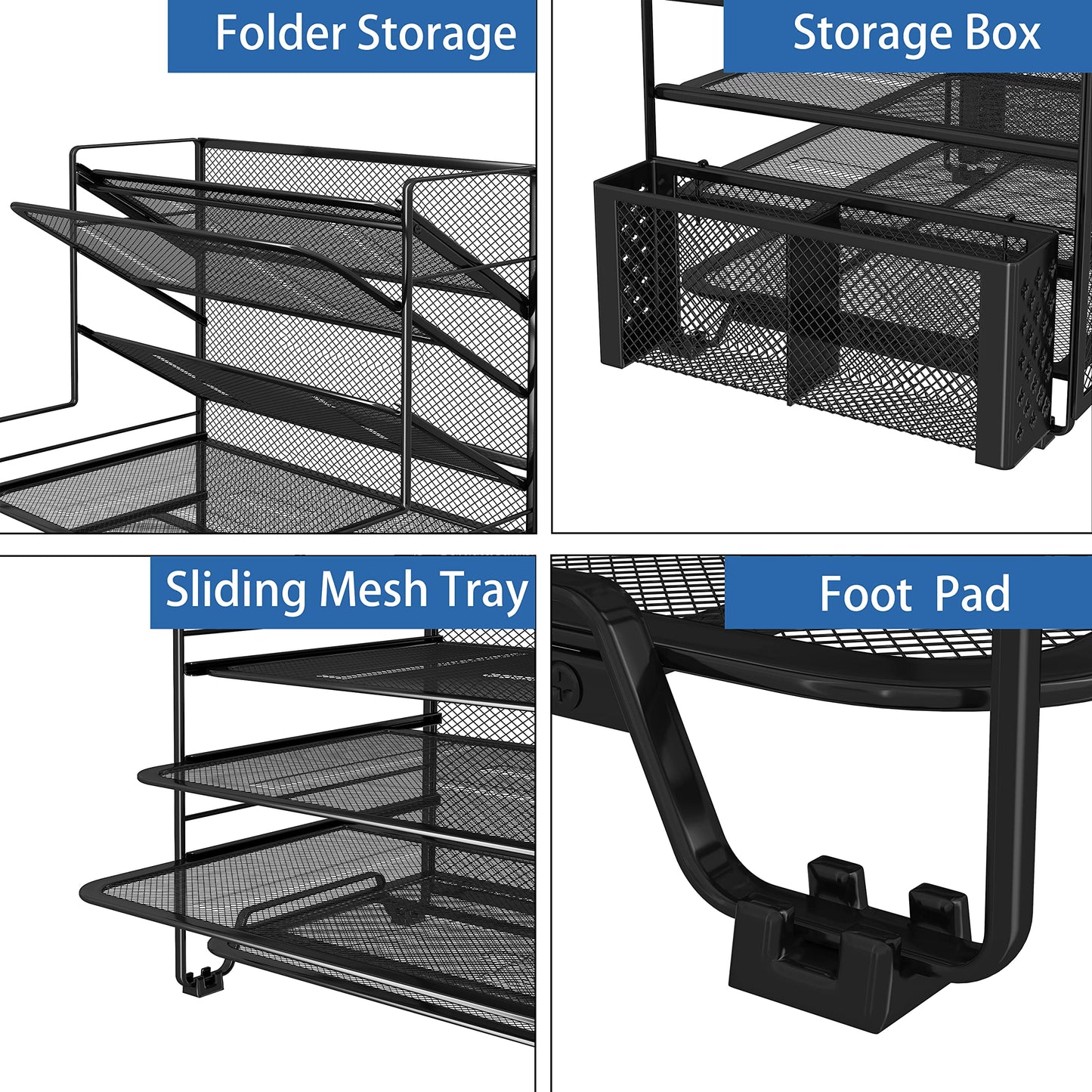 Simple Trending 7 Tier Desk File Organizer, Letter Tray Paper Organizer with Pen Holder and Metal Hanging Basket, Black