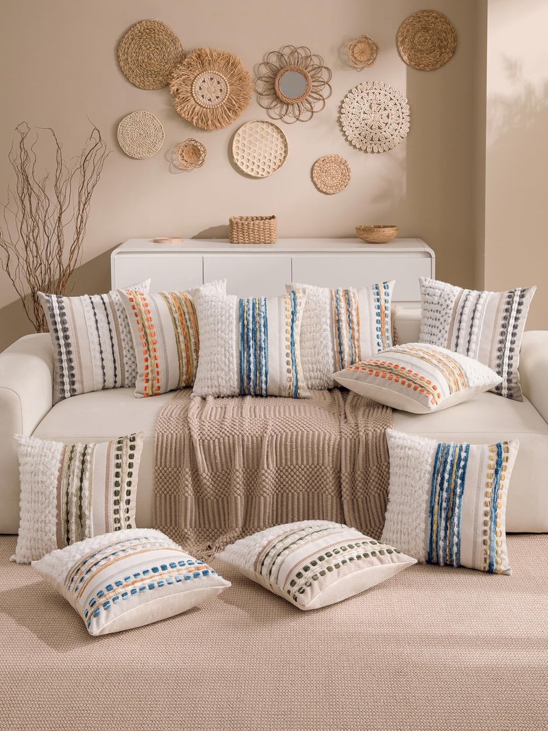 KOOLIFE Boho Chenille Tufted Couch Throw Pillow Covers 18x18 Inch Set of 2 Farmhouse Striped Decorative Pillow Covers Accent Neutral Square Pillowcase Green Cushion Covers for Livingroom Sofa Bed