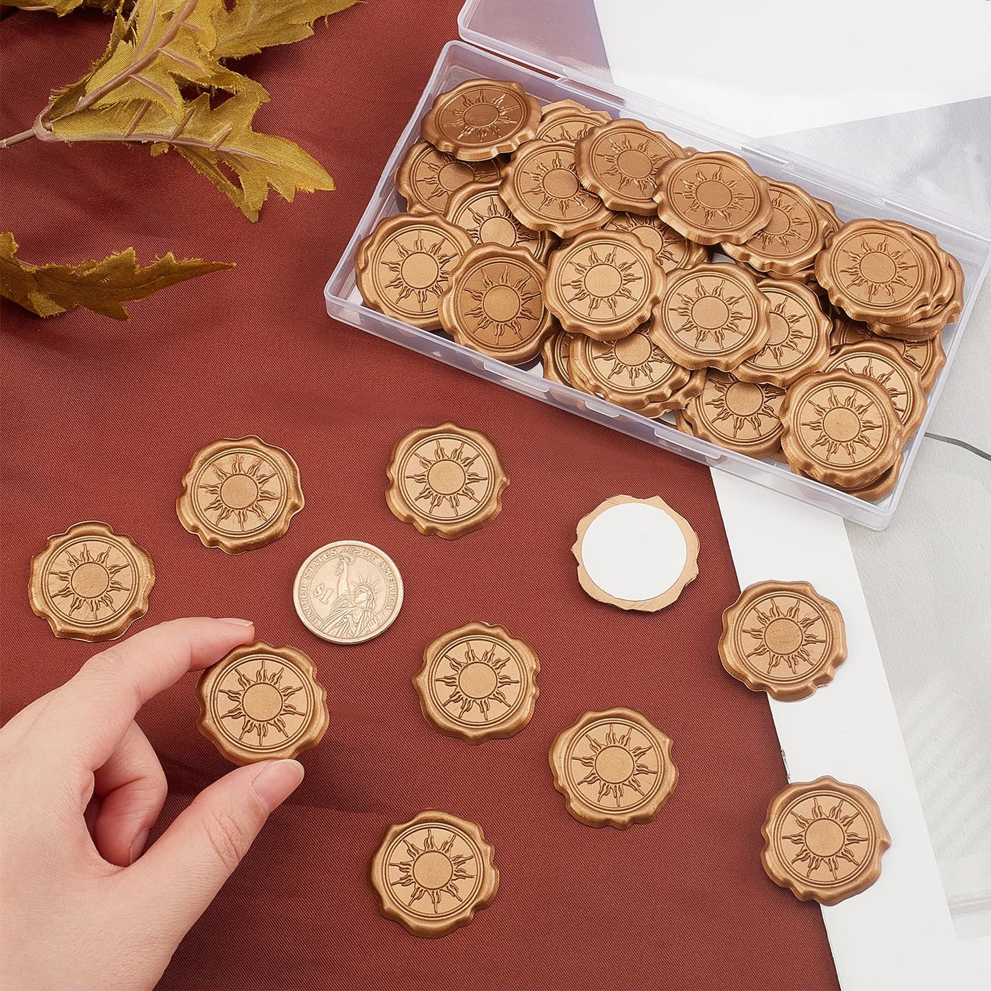 CRASPIRE 60pcs Adhesive Wax Seal Stickers Sun Wax Seal Stamp Stickers Self Adhesive Gold Vintage Wax Seal Envelope Stickers for Wedding Invitation Cards Party Favors Craft Gift