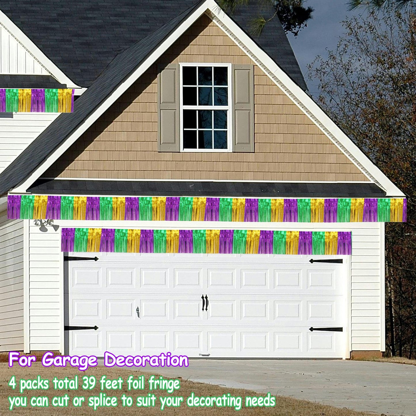 4 Packs Total 39 Ft Mardi Gras Parade Floats for Trailer Car, Green Gold Purple Foil Fringe Garland Tinsel Streamers Banner Table Skirts for Halloween Graduation Homecoming Birthday Party Decor