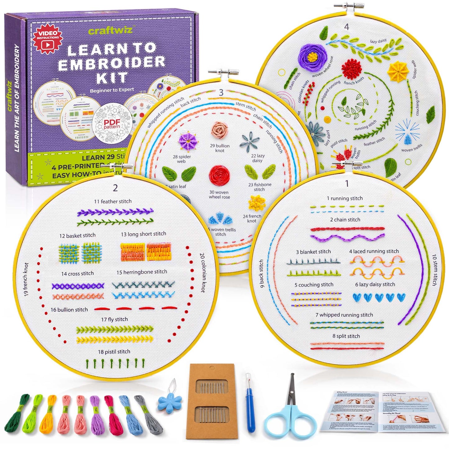 Craftwiz 4-Piece Starter Embroidery Kit for Beginners and Expert with Simple Patterns, Learn 29 Stitches with Hand Embroidery Kit