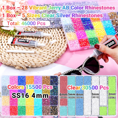 46000Pcs Jelly Rhinestones for Bedazzling, 2 Boxes Multicolor 4mm & Silver Clear 2/3/4/5/6mm Resin Flatback Gems for Crafting, Bedazzler Kit with 3Pcs 15ml B7000 Jewelry Glue for Book Clothes Crafts