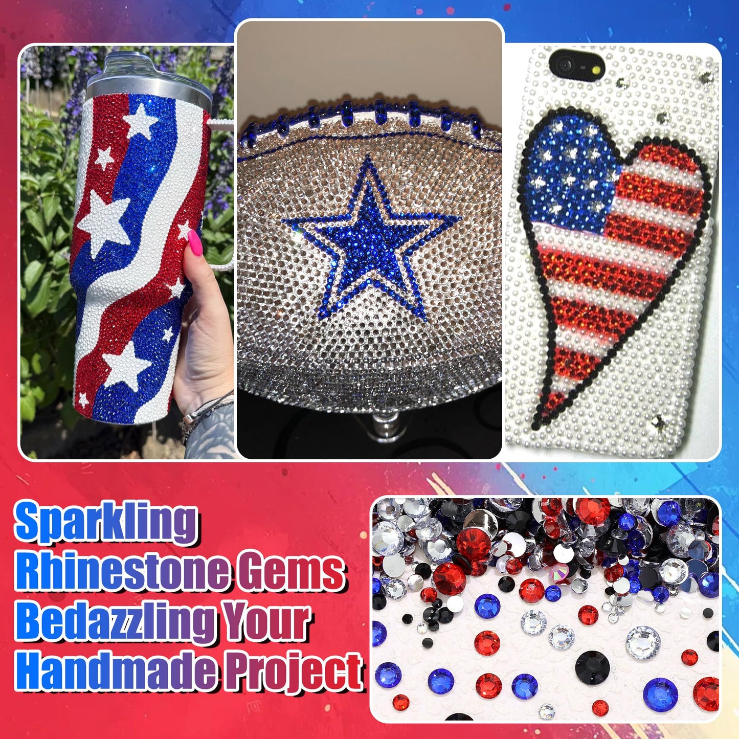 RODAKY Blue Red Rhinestone Flatback Resin Gems Mixed Size Resin Rhinestones for Bedazzling 4th of July Crystal Jewels Clear Black Gem Beads for Crafting Design Face Makeup Clothing