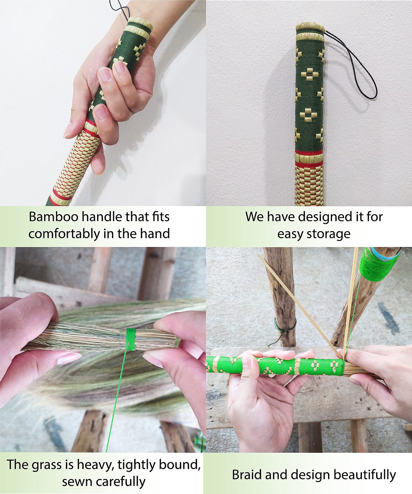 Thai Vintage Retro Grass Broom Stick, Asian Straw for Wedding Jumping, Witch, House, Long With Solid Wood Handle - Primitive Sweeping Dirt Dust Garbage