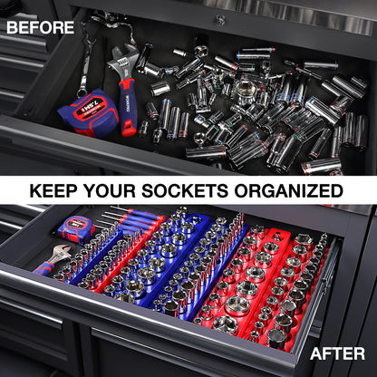 WORKPRO Magnetic Socket Organizer Set, 6-Piece Socket Holder Set Includes 1/4", 3/8", 1/2" Drive Metric SAE Socket Trays, Holds 143 Pieces Sockets, Christmas Gift for Men(Socket not Included)