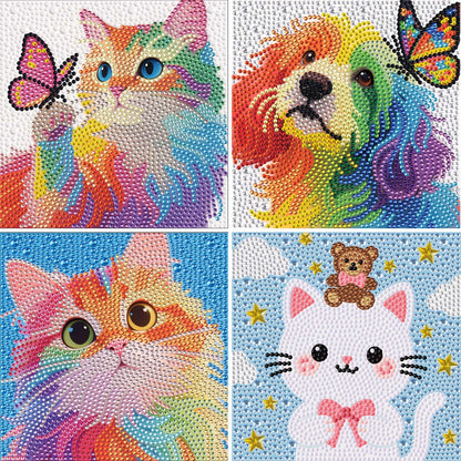 geesfayan 4 Pack Diamond Art Kit for Kids 6 Inch DIY Animal Gem Art with 4 Tools Sets, Gem Painting for Beginners, Creative Craft Gift for Teens & Kids（cat Dog）