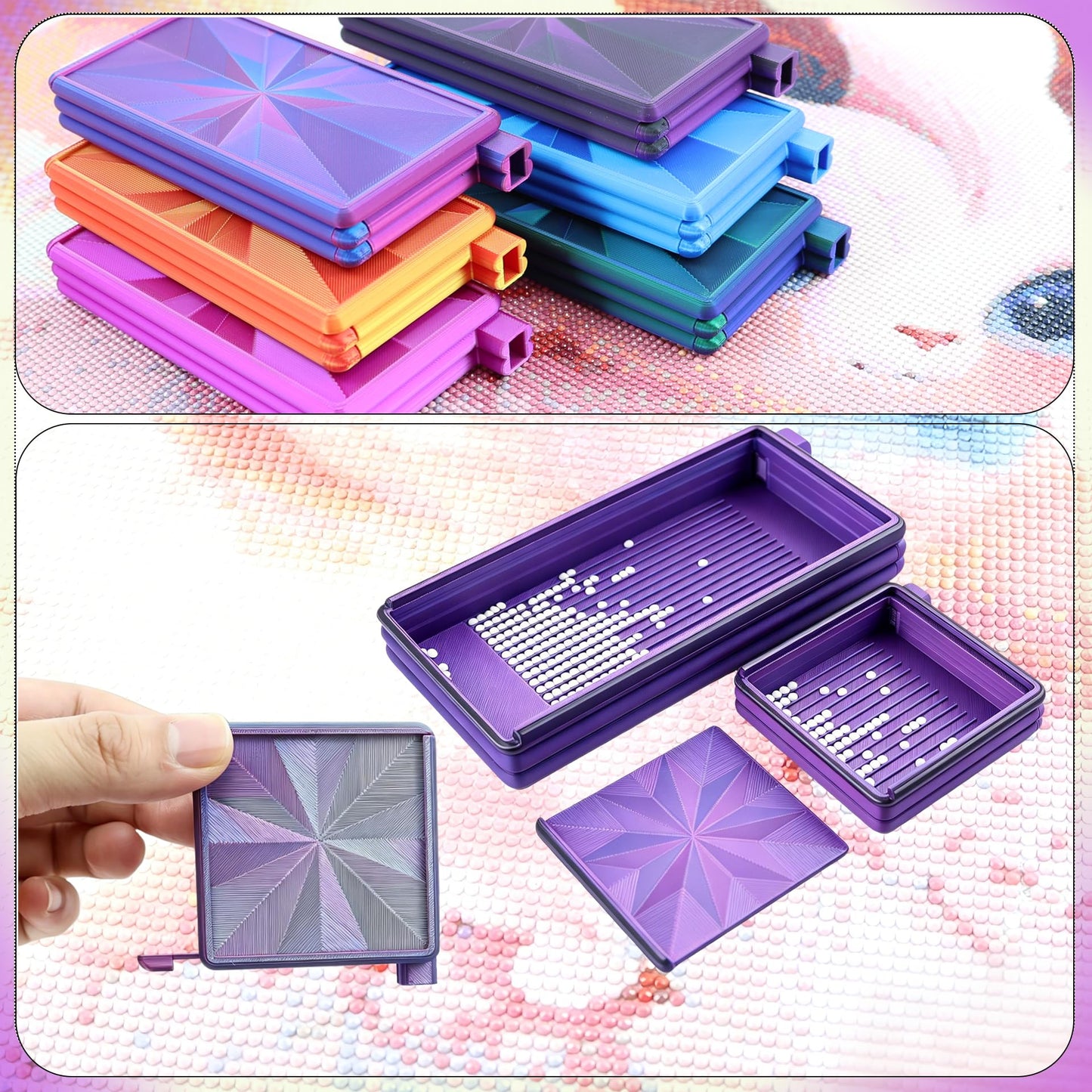 Diamond Art Trays with Lids and Stoppers, Stackable Diamond Painting Trays, 3 in 1 Diamond Bedazzling Tray with Tweezers, Brushes, Diamond Art Painting Bead Rhinestone Sorting Trays (Black Purple)