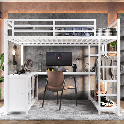 Bellemave Queen Size Loft Bed with Desk & Clothes Rack, All-in-One Heavy Duty Metal Loft Bed Frame with Storage Cube & Shelf, Space Saving Loft Bed Queen Size for Adult, Teen, Kids, Apartment, White