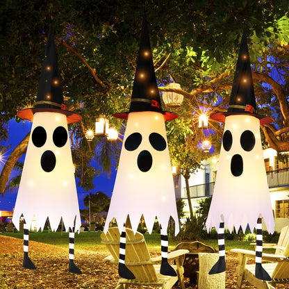 FENELY 3 Packs 38" Halloween Hanging Lighted Glowing Ghosts with Witch Hat and Foot, Outdoor Indoor Decorations for Home Party Yard Patio Garden Tree