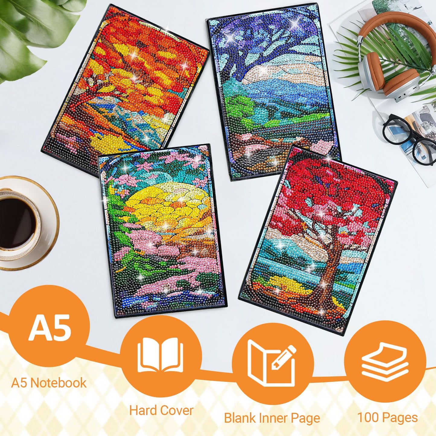 LINGFANG 4 Pack Diamond Art Kits for Adults Teens, Diamond Painting Journals Notebooks, DIY 5D Gem Dots Art Crafts for Adults, Teenagers' Birthday, Graduation, Christmas Gifts with Tools (Season Tree)