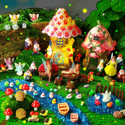 HyDren 100 Pcs Fairy House Garden Figurines Kit 8'' Solar Miniatures Light up 6.6" Fairy House Gnome Animals Doll Outdoor Resin Statues Micro Landscape Ornaments DIY Garden Decor