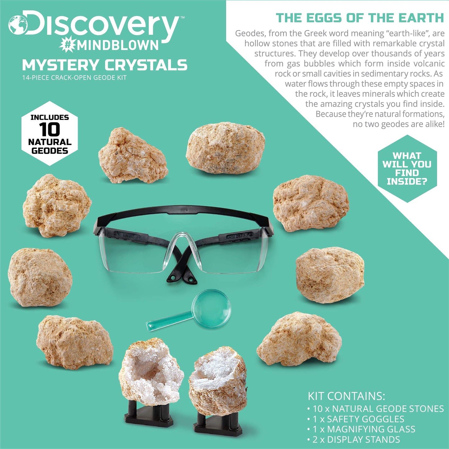 Discovery™ Mystery Crystal Geode Kit – Crack Open 10 Real Quartz Geodes| Includes Goggles, Magnifying Glass & Display Stands| Educational STEM Geology Toy for Kids| Science Activity Set Gift| Ages 6+