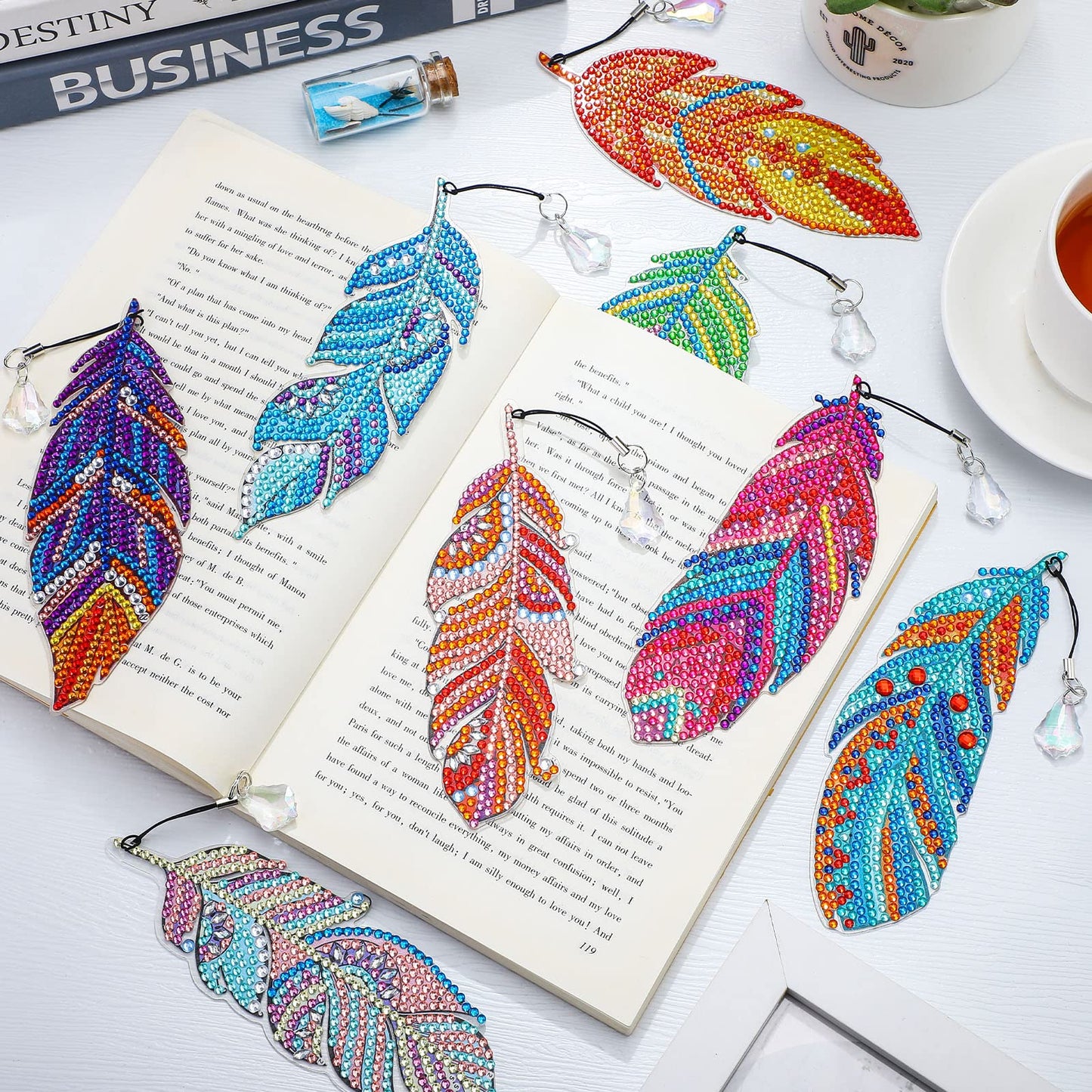 Tinlade 8 Pcs Feather Diamond Painting Bookmarks Kits DIY Diamond Art Bookmarks Handmade Craft Home Office Supplies for Book Lovers Adults Women