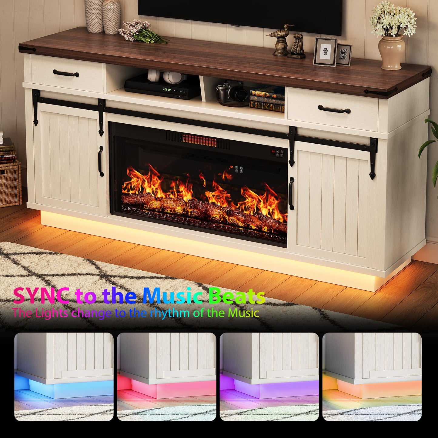 Jocoevol 70'' Fireplace TV Stand with 36‘’ Electric Fireplace, Tall Farmhouse TV Stand for 65/75 Inch TV, Entertainment Center TV Console with 2 Drawers, Sliding Barn Door for Living Room - White