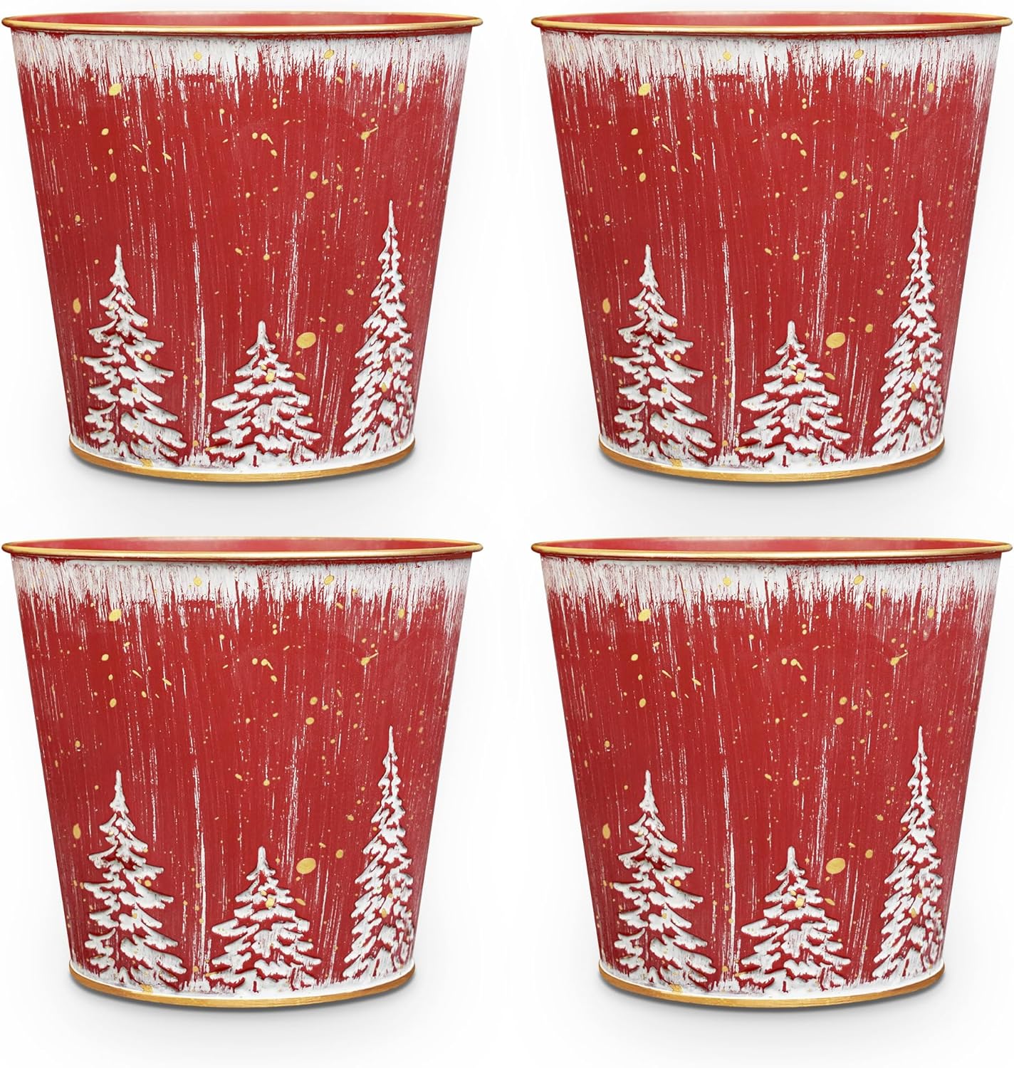 5.9in 4Pcs Putuo Decor Christmas Planters Pots, Small Metal Tin Buckets with Christmas Tree Pattern, Round Galvanized
