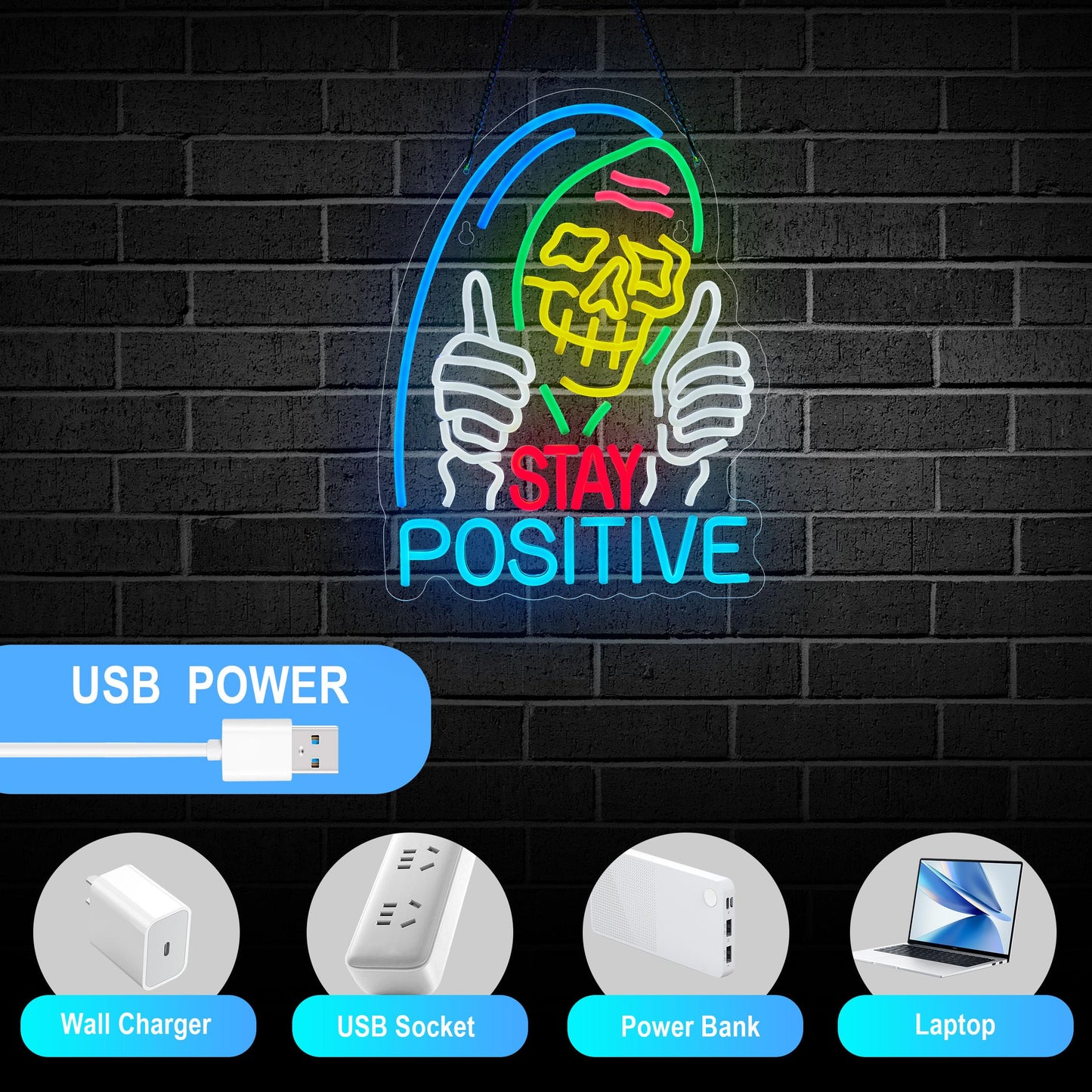 Stay Positive Skull Neon Sign for Wall Décor Dimmable USB LED Neon Light for Home Living Room Bedroom Halloween Decor Gifts