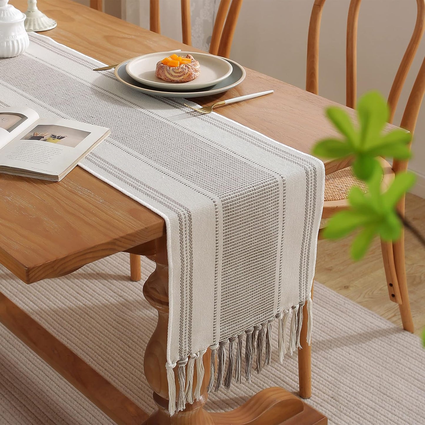 13 72 Inch Caflife Boho Table Runner Natural Stripe for Modern Farmhouse Coffee Table Decor, Rustic Woven Runner