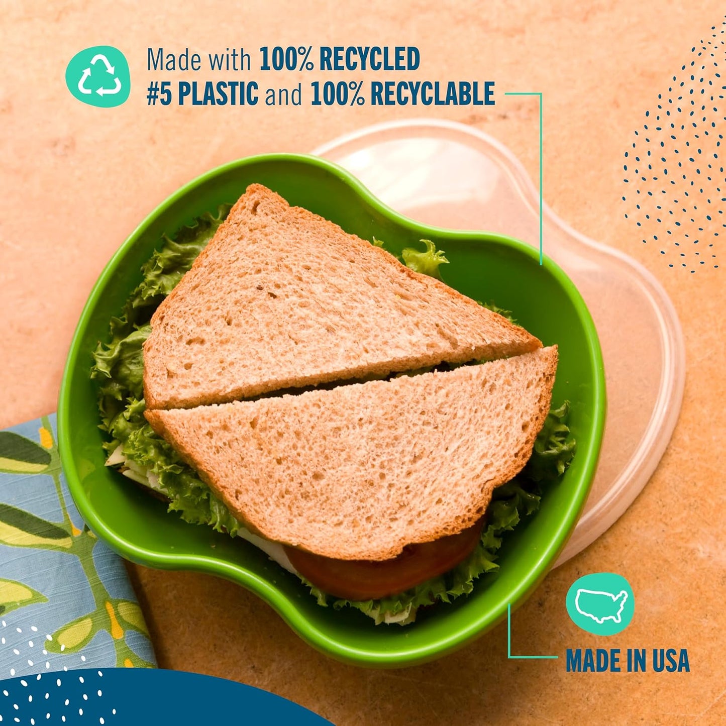 Preserve Dishwasher Safe Sandwich Food Storage Container, Set of 2, Apple Green, BPA Free, Made from Recycled Plastic