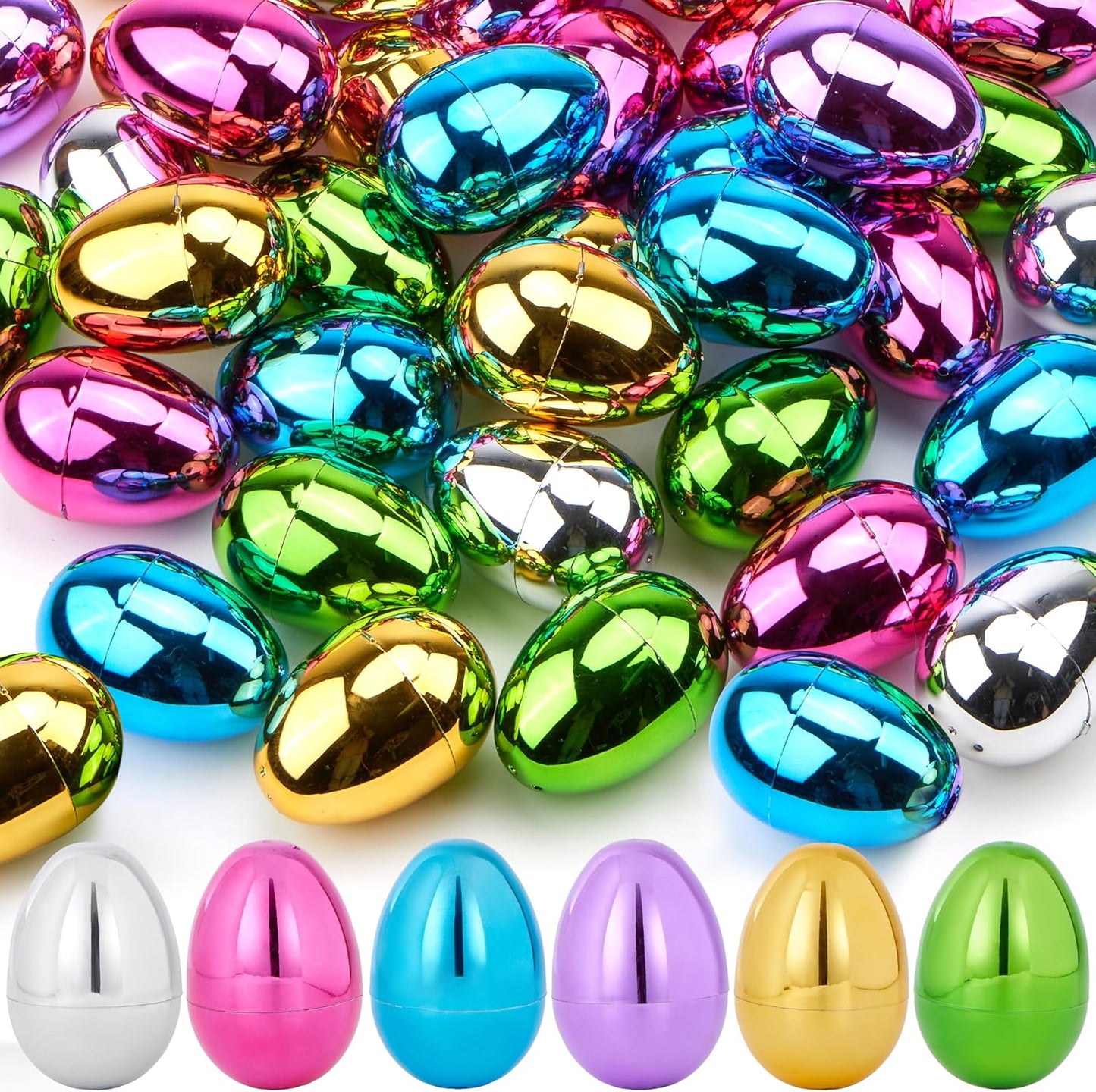 3.15" 24PCS JOYIN Metallic Easter Eggs, Shinny Plastic Eggs Colorful Bulks for Easter Hunt, Filling Treats, Easter