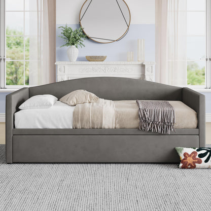 Merax Twin Size Velvet Daybed with Extended Pop Up Trundle, Upholstered Sofa Bed Daybed, Space-Saving Twin to King Design for Guest Room, Gray
