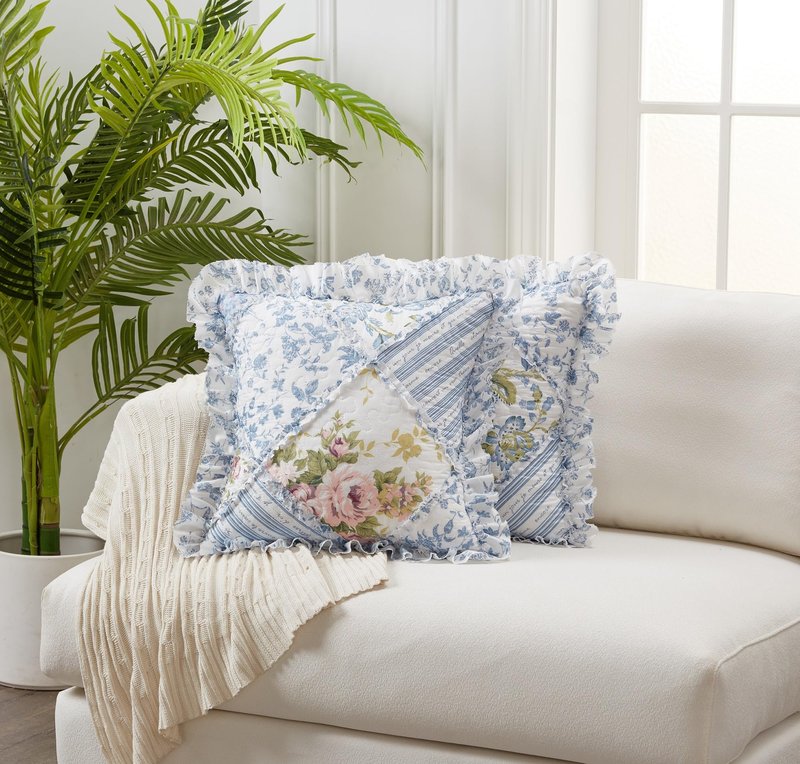 Brilliant Sunshine Blue Rose Patchwork Ruffle Pillowshams, Quilted Decorative Pillow Covers Set, Square Throw Cushion Cases for Couch, Reclining Chair, Car, Bed, 18x18, Pack of 2, Blue Rose