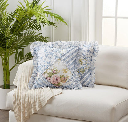 Brilliant Sunshine Blue Rose Patchwork Ruffle Pillowshams, Quilted Decorative Pillow Covers Set, Square Throw Cushion Cases for Couch, Reclining Chair, Car, Bed, 18x18, Pack of 2, Blue Rose