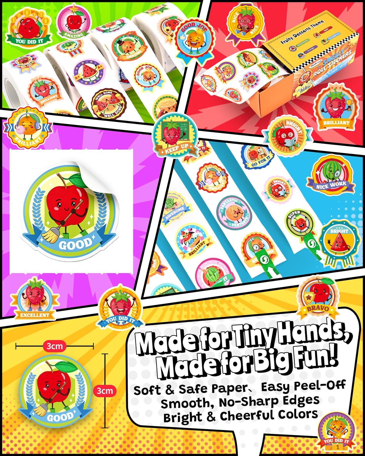 HORIECHALY Reward Smelly Roll Stickers for Kids 4 Rolls, 1200 PCS 4 Scent Scratch and Sniff Stickers Food Theme, Positive Reward for Classroom, Portable Drawer Box for Travel, Car, Airplane