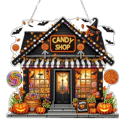 JJFox Diamond Art Hanging Kit for Adult,Special Shaped Rhinestone,DIY Acrylic Diamond Art Painting Window Pendants Home Garden Wall Hanging Kits Hanging Ornament (Candy House)