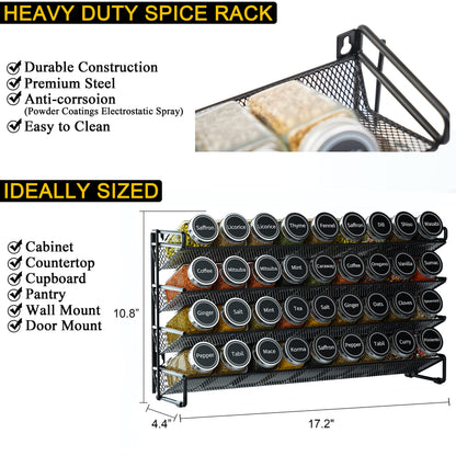SpaceAid Spice Rack Organizer with 36 Spice Jars, 386 Spice Labels, Chalk Marker and Funnel Set for Cabinet, Countertop, Pantry, Cupboard or Door & Wall Mount - 36 Jars, 17.2" W × 10.8" H, Black