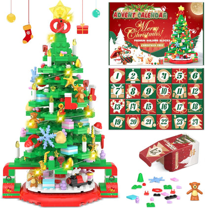 Advent Calendar 2024 Christmas Tree Building Set, 24 Boxes Christmas Countdown Calendar with Warm Light for Adults