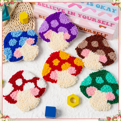 WATINC Punch Needle Coaster Kit - 22PCS Easy Art Work Decor Coasters Kits for Beginners DIY Mushroom Pattern Tufted Rug Pads with Adhesive Felt Yarns Embroidery Hoop Instruction 6 Set