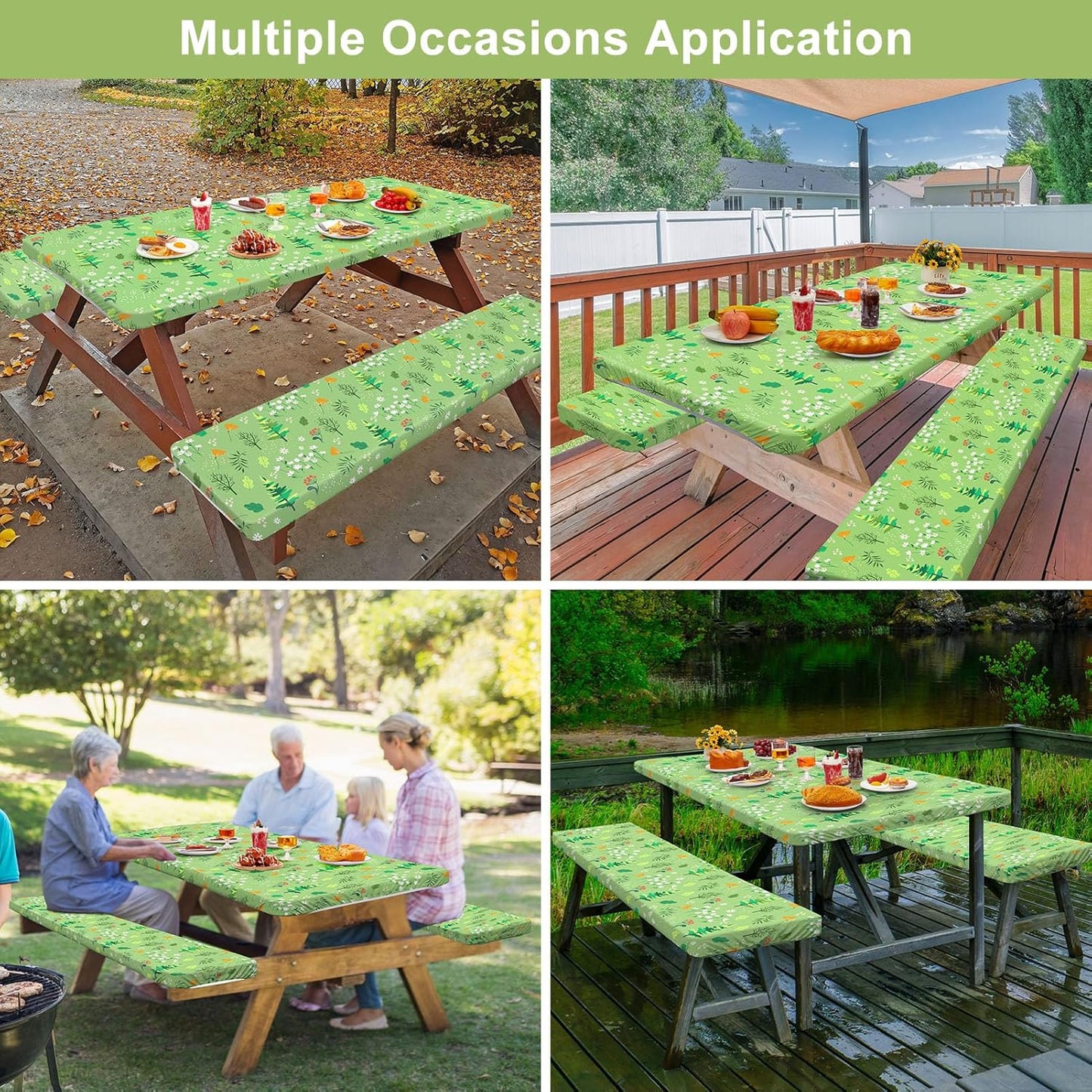 96in, Picnic Table Cover with Bench Covers Camping Essentials Waterproof Windproof Camping Tablecloth with Drawstring