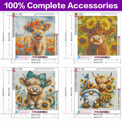 croshom Diamond Art Kits for Adults, 4 Packs Highland Cow & Flowers Diamond Art Painting Kits for Beginners, 5D DIY Full Drill Gem Craft for Adult Gifts, Home Wall Decor 14" x 14"
