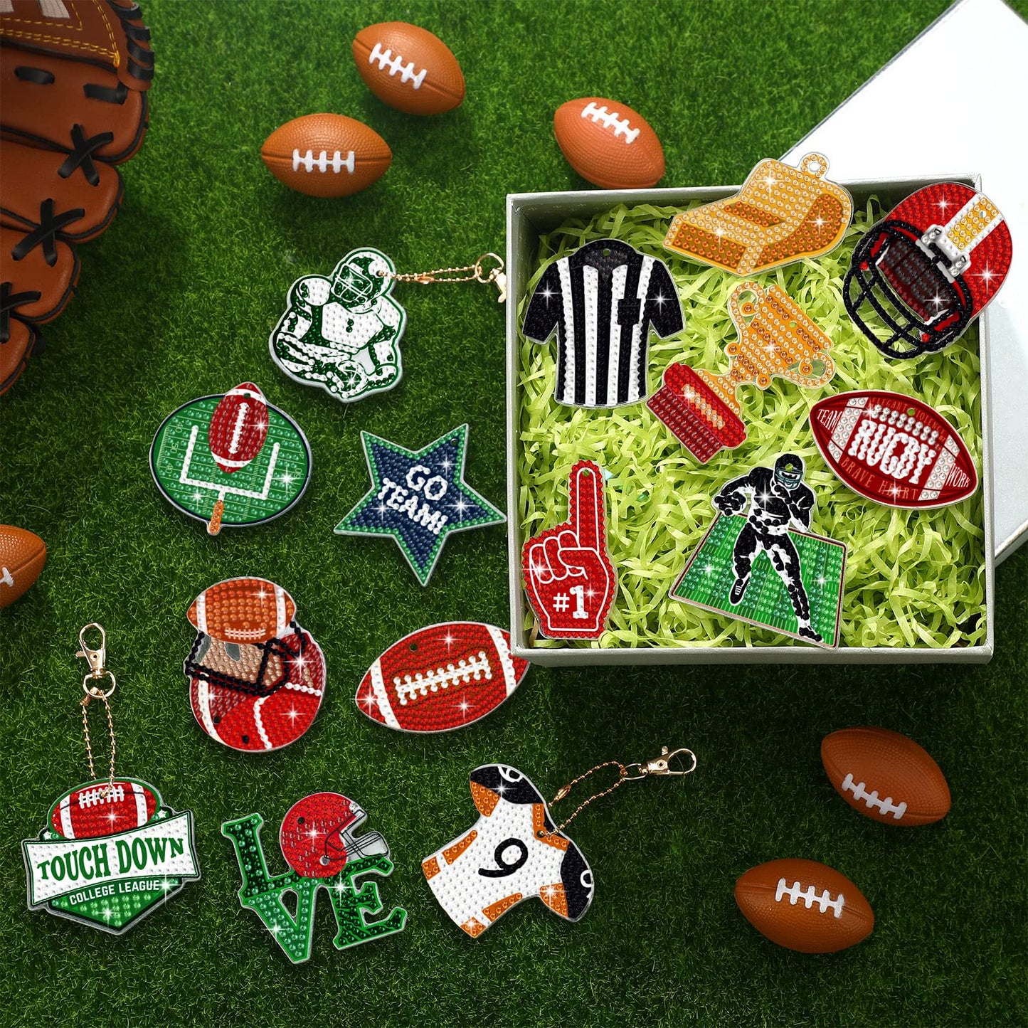Yinkin 15 Pcs Football Diamond Art Keychains 5d Diamond Painting Keychain Football Party Decoration DIY Ornaments Pendant Kits for Adult