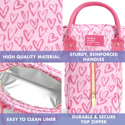 Fit & Fresh Bloomington Lunch Bag for Women - Insulated Large Lunch Box for Work with Containers, Leak-Resistant, Stain-Resistant, Zipper Closure, Pink Doodle Hearts