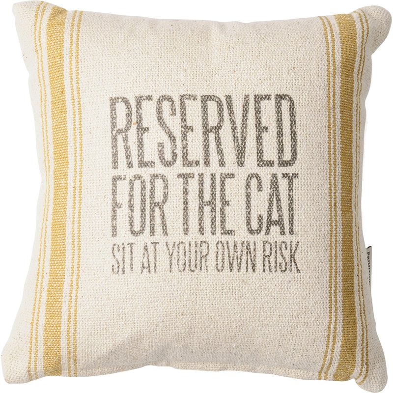Primitives by Kathy Woven Rustic Gold Striped Pillow, Distressed Style, Reserved for The Cat Sit At Your Own Risk 10x10 Throw Pillow, Removable Zipper Cover/cat Lover Gift, pet Themed Home Accent