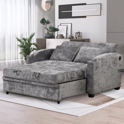 GDFStudio Pull Out Sofa Bed with USB Ports and Cup Holders, 3-Position Adjustable Backrest Chenille Loveseat, Sturdy Frame Compact Couch for Living Room Apartment Guest Bed, Gray