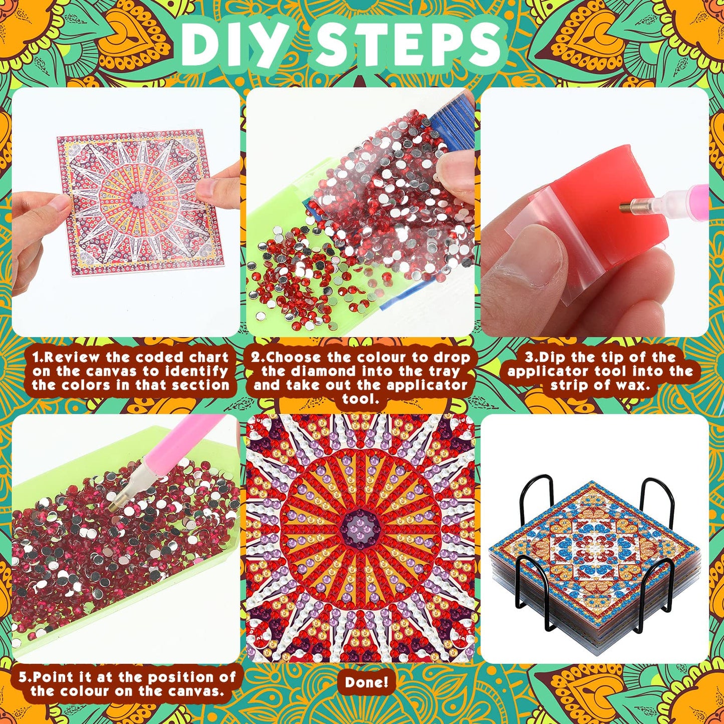 Purpeak 8 Pcs Diamond Coasters Diamond Painting Coasters DIY Mandala Kits with Holder Square Boho Paisley Art 5d Kits for Beginners Adults Craft