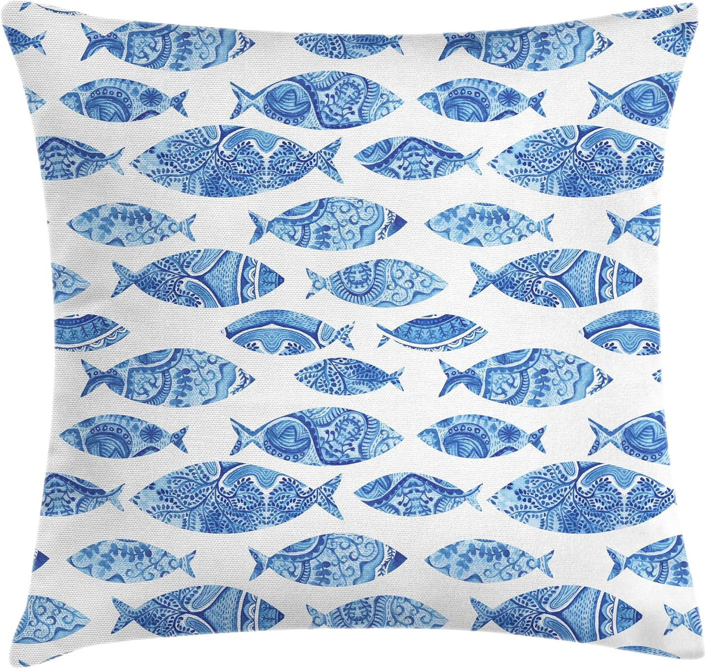 18" 18", Ambesonne Blue Throw Pillow Cushion Cover, Fish Sea Animal with Ottoman Ornate Mosaic Hand Drawn Style Marine