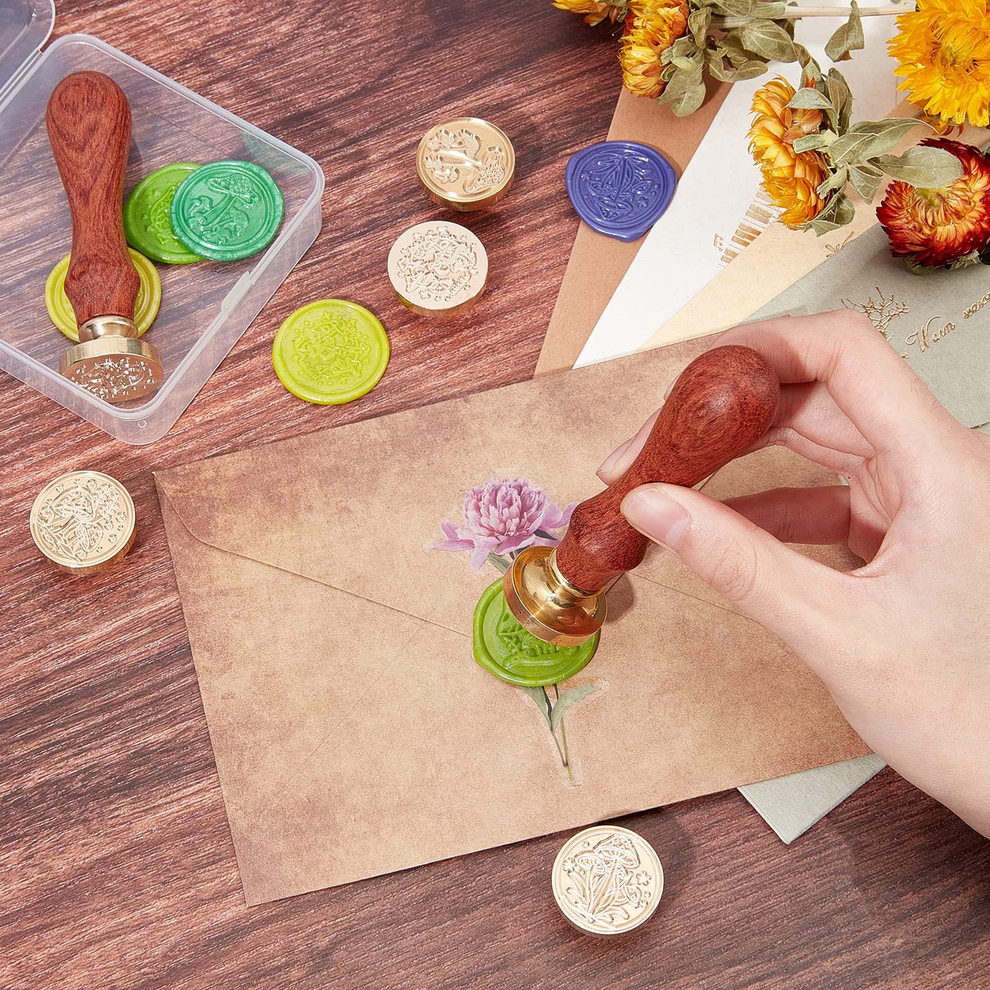 SUPERDANT Mushroom Plant Series Sealing Kit with 6 Stamp Heads - Vintage Wax Stamp Kit for Cards, Envelopes & Invitations