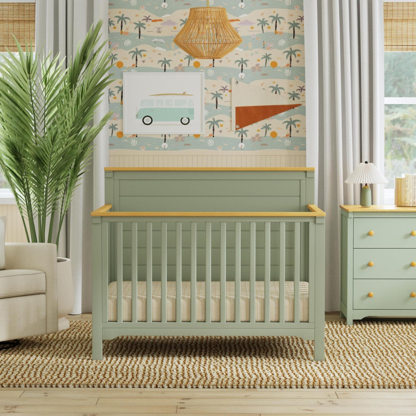 Davinci Shea 4-in-1 Convertible Crib in Light Sage and Honey, Greenguard Gold and FSC® Certified