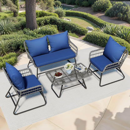 YITAHOME 4 Piece Patio Furniture Set, Wicker Outdoor Bistro Set, All Weather Rattan Patio Conversation Set with Soft Cushions and Glass Side Table for Backyard, Balcony, Deck - Navy Blue