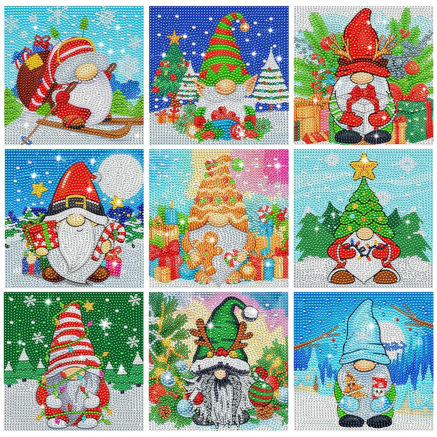 TecUnite 9 Pcs Christmas Diamond Painting Art Gnome Diamond Painting Kit for Beginners DIY Rhinestone Gem Crafts for Home Wall Decor 6 x 6 Inch (Classical)