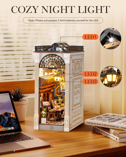 Rolife 3.5 hrs Beginner Friendly Book Nook - 3D Wooden Puzzle with LED Lights and Dust Cover - DIY Miniature House Kit Bookshelf Insert Decor - Arcade Dating (TGB10)